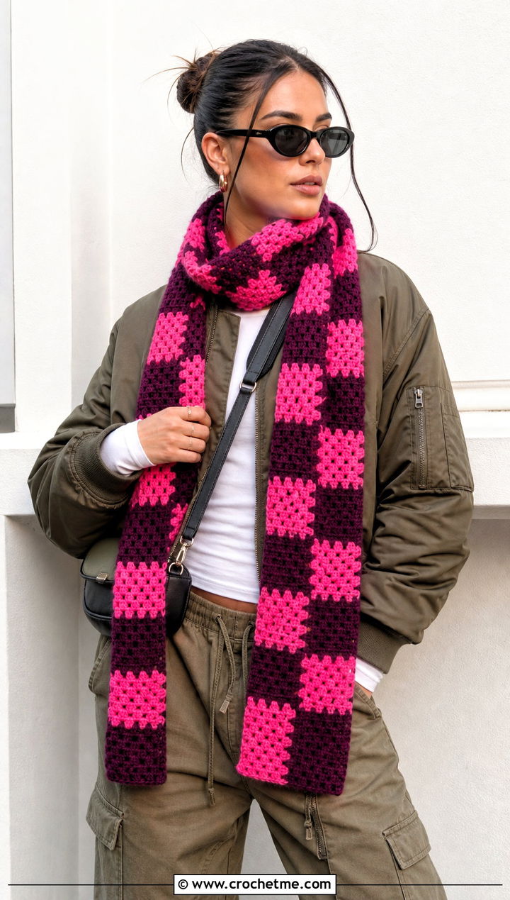 Checkerboard Crochet Granny Stitch Scarf With Bomber Jacket - 30 crochet granny stitch scarf outfit ideas