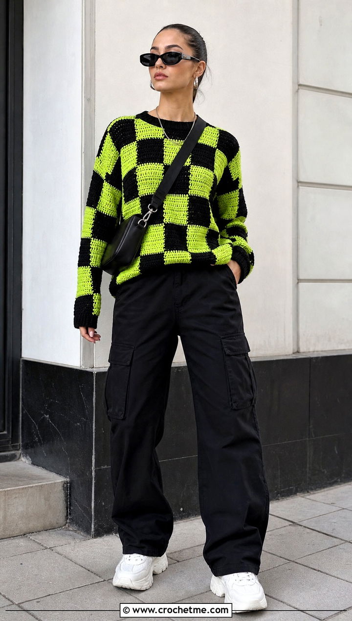 Checkerboard Crochet Graph Sweater With Black Cargo Pants - 30 crochet graph sweater outfit ideas