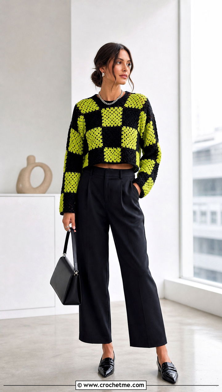 Checkerboard Crochet Graphic Sweater With Black Trousers - 30 crochet graphic sweater outfit ideas