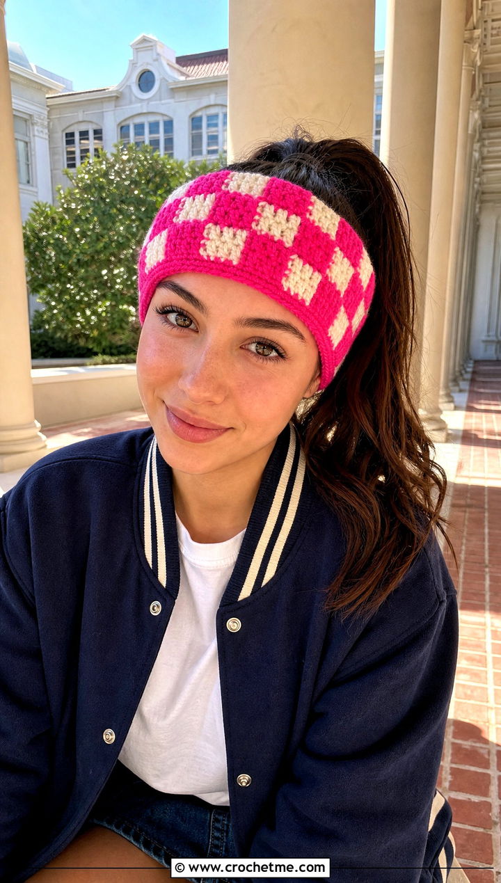 Checkerboard Crochet Headband With Varsity Jacket And Mini Skirt - 30 simple crochet head bands outfit ideas
