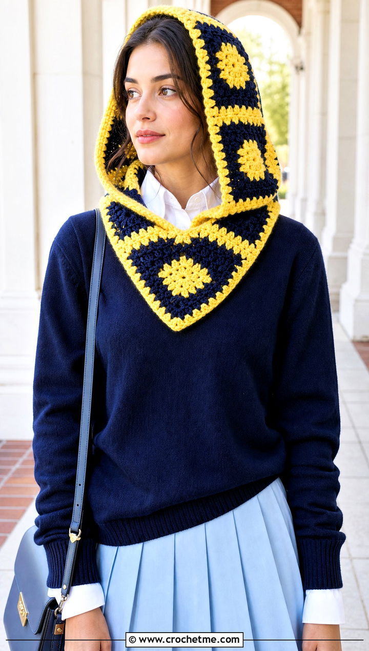 Checkerboard Crochet Hooded Cowl With Preppy Outfit - 30 easy crochet hooded cowl outfit ideas