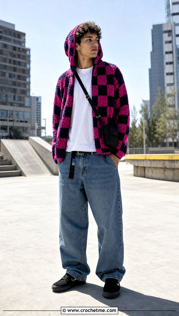 Checkerboard Crochet Hoodie With Skate Jeans - 35 crochet hoodie for men outfit ideas