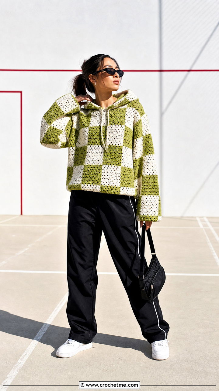 Checkerboard Crochet Hoodie With Track Pants - 35 crochet hoodie outfit ideas