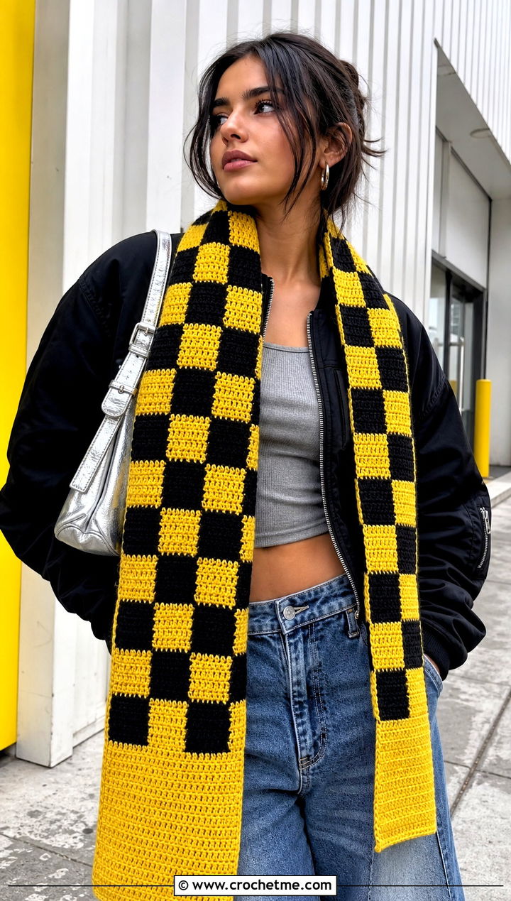 Checkerboard Crochet Hufflepuff Scarf With Bomber Jacket - 30 crochet hufflepuff scarf outfit ideas