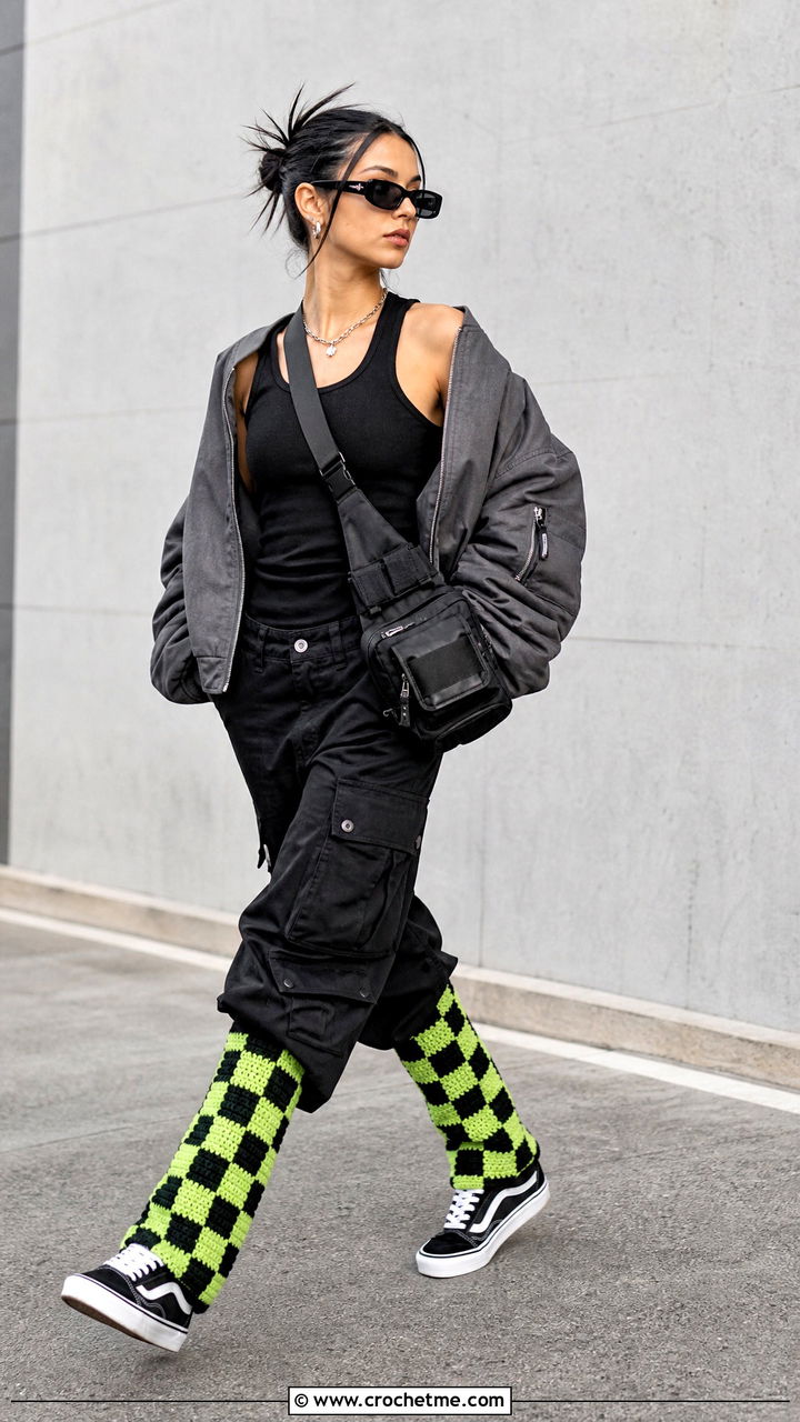Checkerboard Crochet Leg Warmers With Cargo Pants And Sneakers - 35 crochet leg warmer outfit ideas