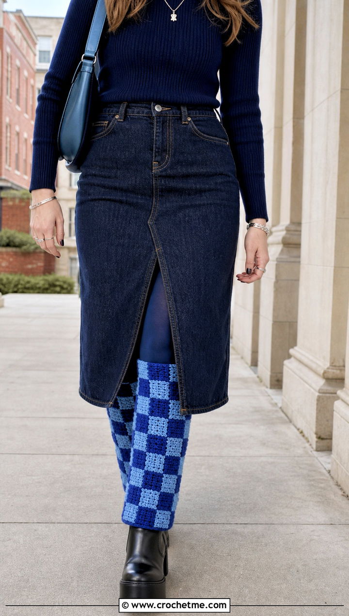 Checkerboard Crochet Leg Warmers With Denim Skirt - 30 crochet leg warmers ideas