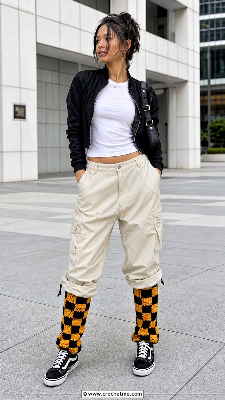 Checkerboard Crochet Leg Warmers With Parachute Pants - 35 crochet leg warmers outfit ideas