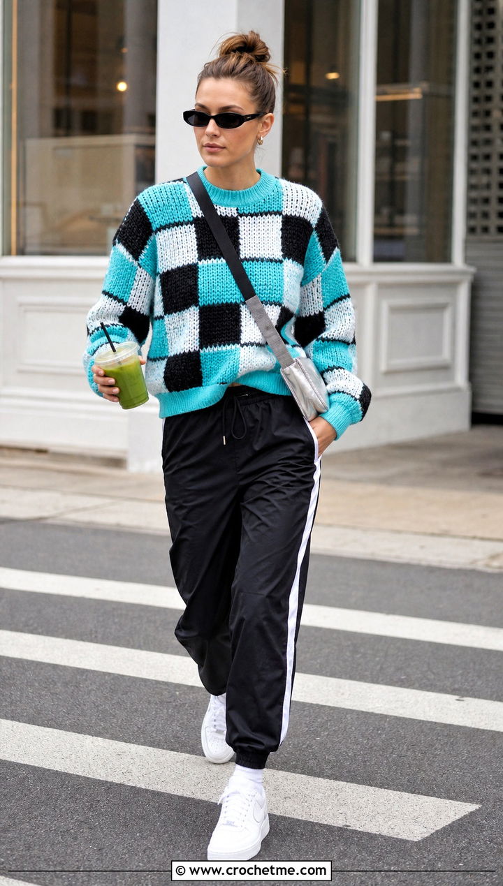 Checkerboard Crochet Mabel Pines Sweater With Track Pants - 30 crochet mabel pines sweater outfit ideas