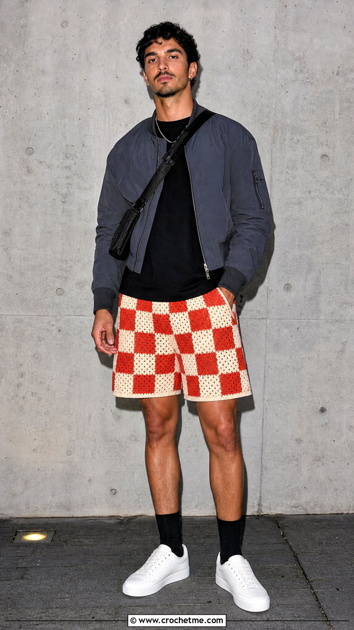 Checkerboard Crochet Mens Shorts With Bomber Jacket - 35 Crochet Mens Shorts outfit ideas