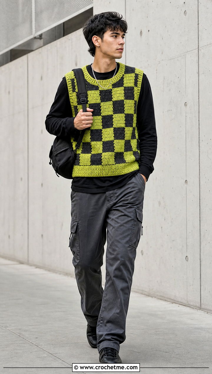 Checkerboard Crochet Mens Sweater Vest With Cargo Pants - 25 crochet mens sweater vest outfit ideas