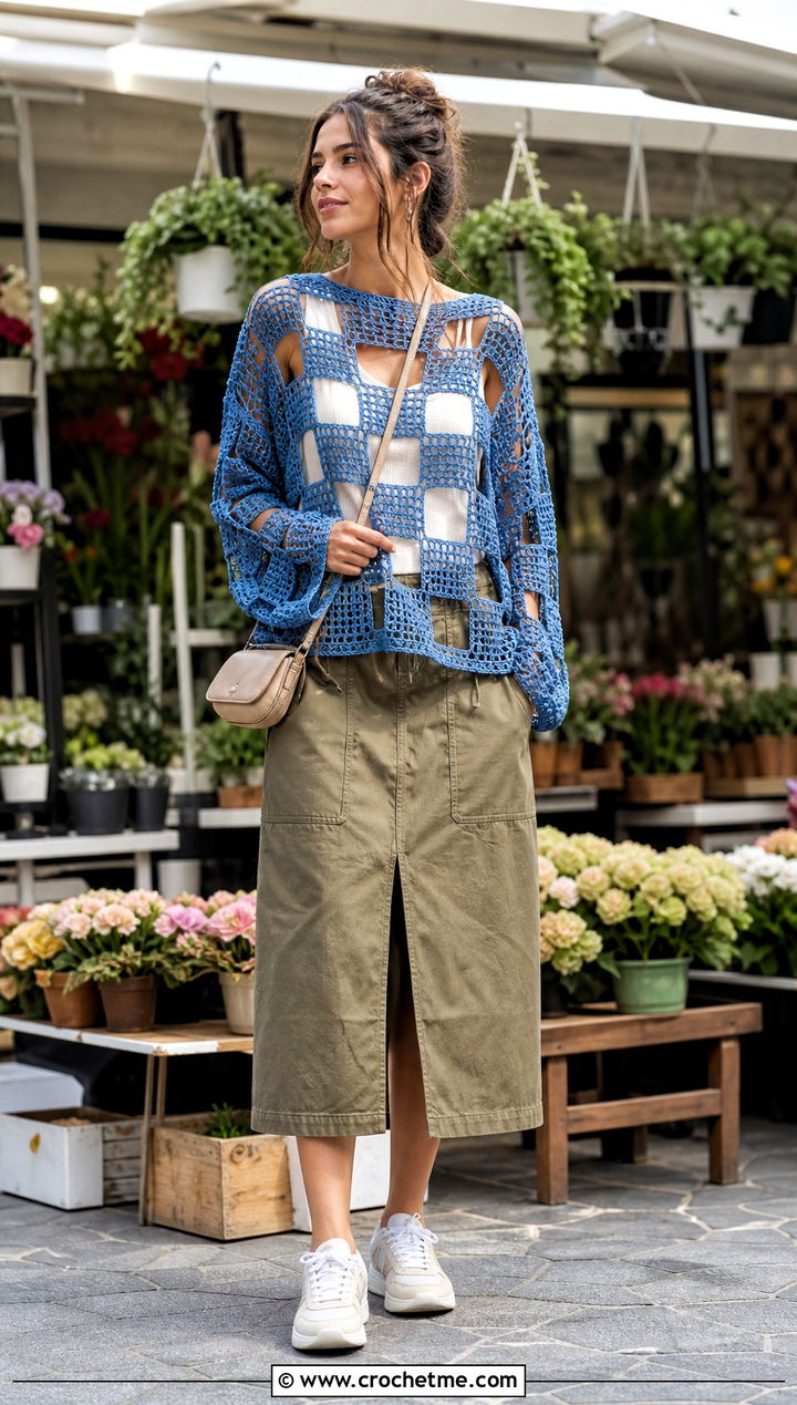 Checkerboard Crochet Mesh Sweater With Utility Skirt - 35 oversized crochet mesh sweater outfit ideas