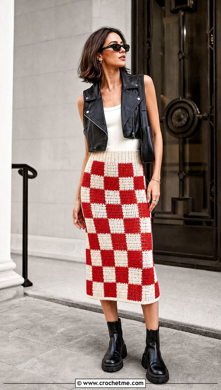 Checkerboard Crochet Midi Skirt With Moto Vest - 30 diy crochet skirt outfit ideas