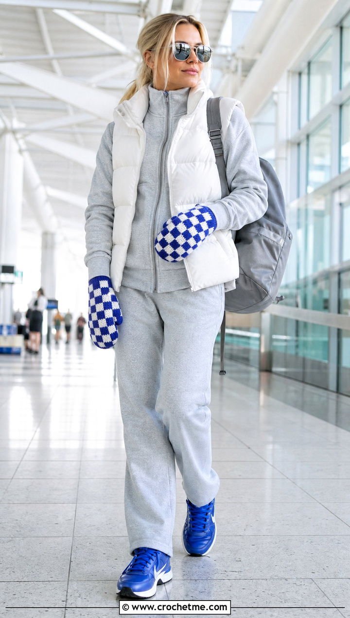 Checkerboard Crochet Mittens With Tracksuit - 35 easy crochet mittens outfit ideas