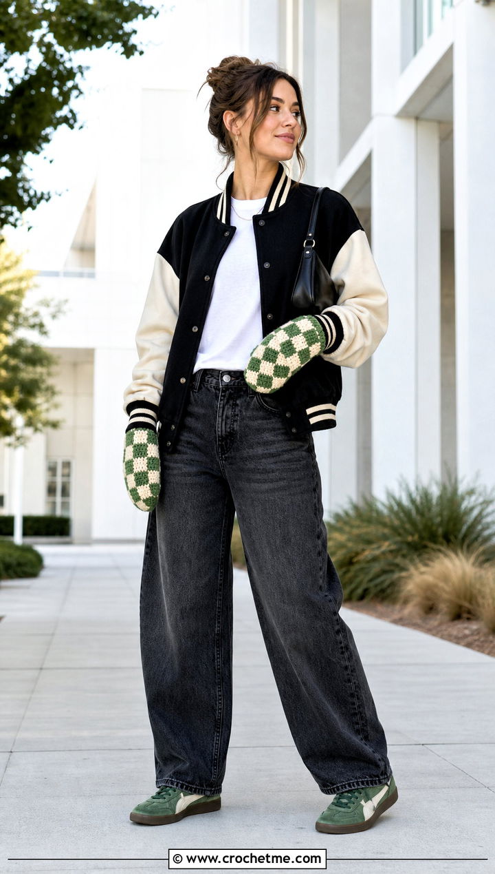 Checkerboard Crochet Mittens With Varsity Jacket - 35 easy crochet mittens for beginners outfit ideas