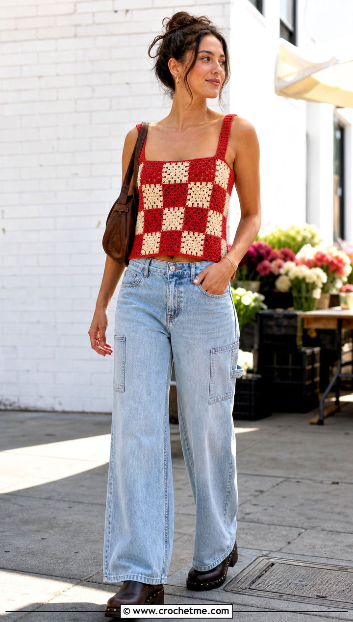 Checkerboard Crochet Motif Top With Carpenter Jeans - 30 crochet motif top outfit ideas