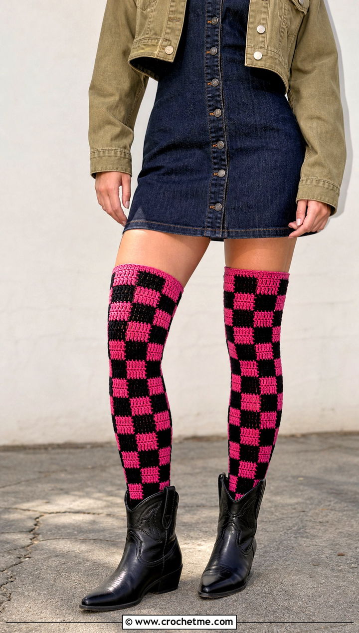 Checkerboard Crochet Over The Knee Socks With Denim Dress - 30 crochet long socks outfit ideas