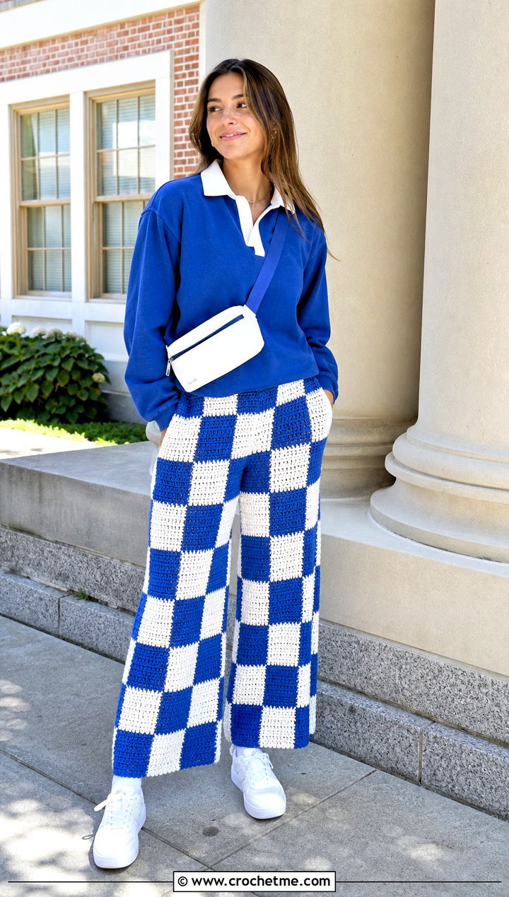 Checkerboard Crochet Palazzo Pants With Rugby Shirt - 30 crochet palazzo pants outfit ideas