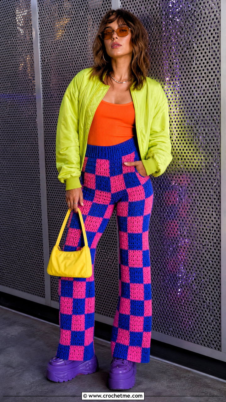 Checkerboard Crochet Pants With Bomber Jacket - 35 crochet pants outfit ideas