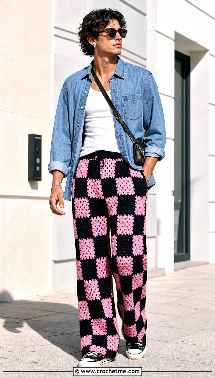 Checkerboard Crochet Pants With Denim Shirt - 35 crochet pants men outfit ideas