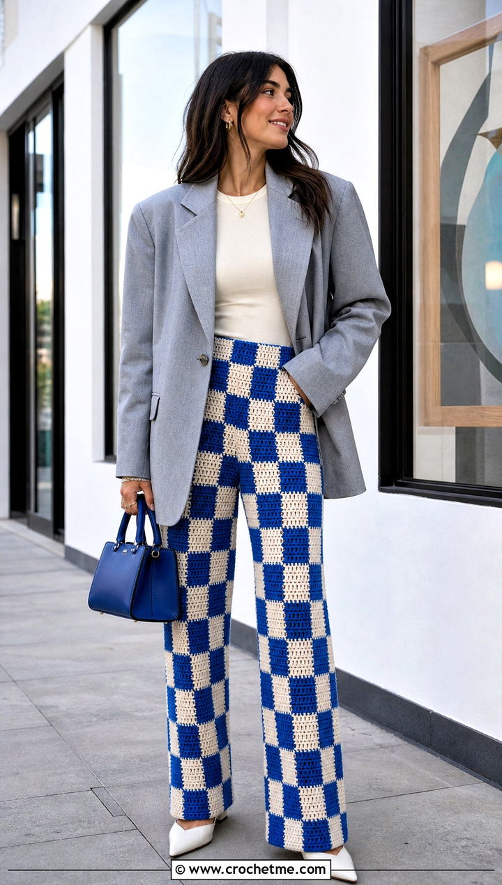 Checkerboard Crochet Pants With Oversized Blazer - 25 colorful crochet pants outfit ideas