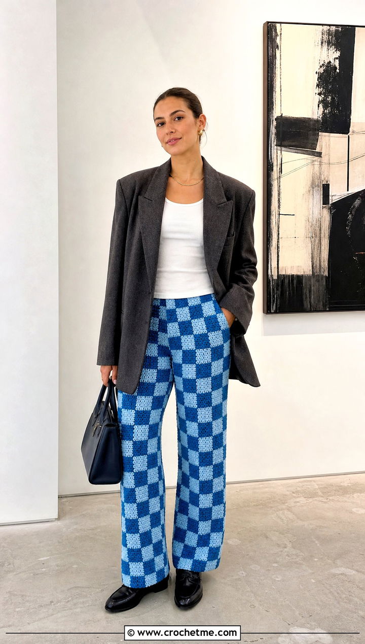 Checkerboard Crochet Pants With Oversized Blazer - 30 Crochet Pant Outfit ideas