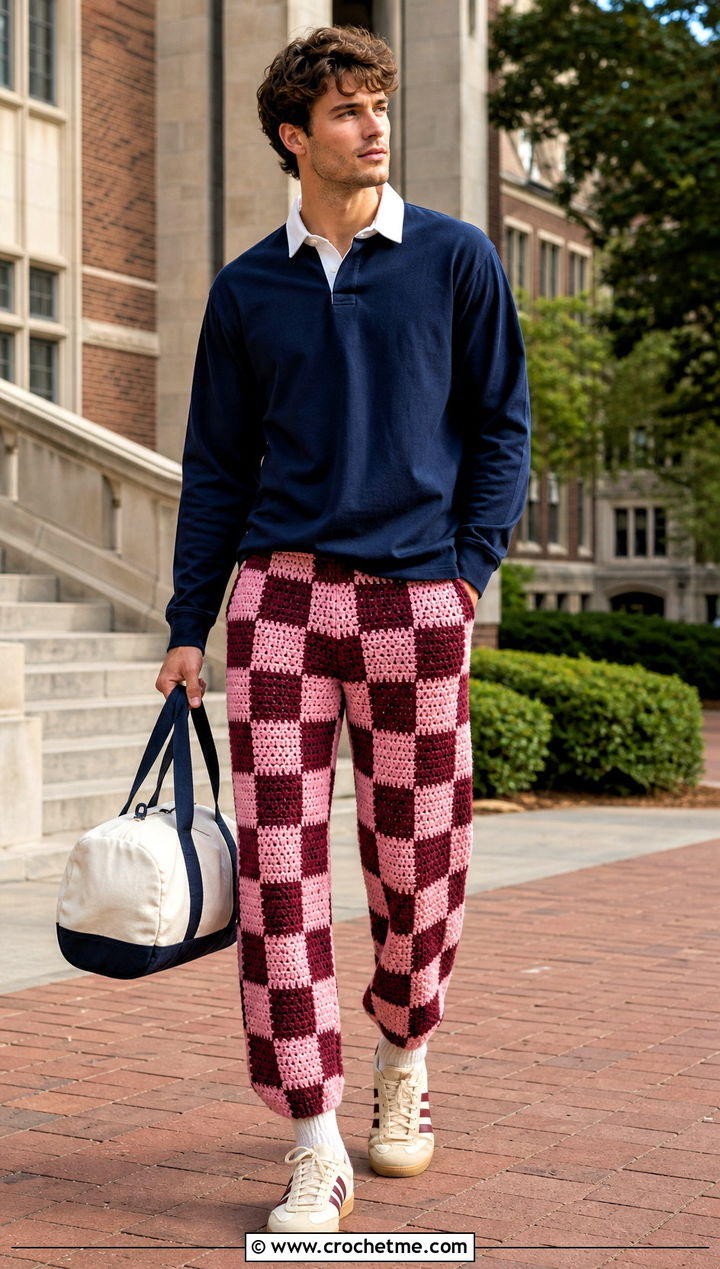 Checkerboard Crochet Pants With Rugby Shirt - 30 mens crochet pants outfit ideas