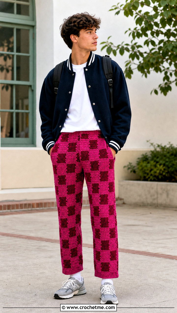 Checkerboard Crochet Pants With Varsity Jacket - 15 crochet men pants outfit ideas
