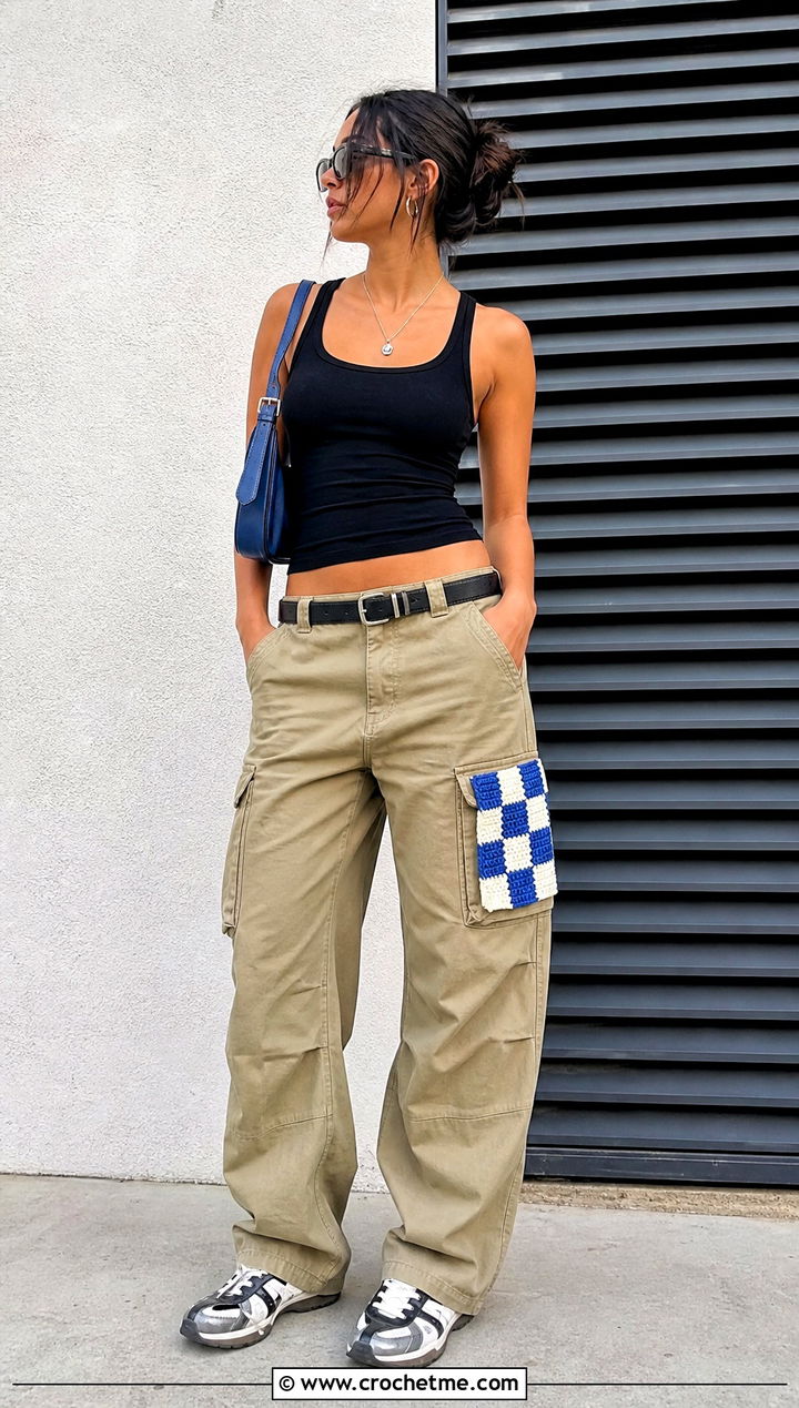 Checkerboard Crochet Patch Cargo Pants Outfit - 30 crochet patches on clothes and outfit ideas