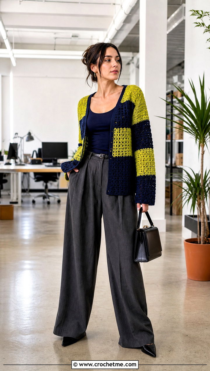 Checkerboard Crochet Patched Cardigan With Wide Leg Trousers - 20 Crochet Patched Cardigan outfit ideas