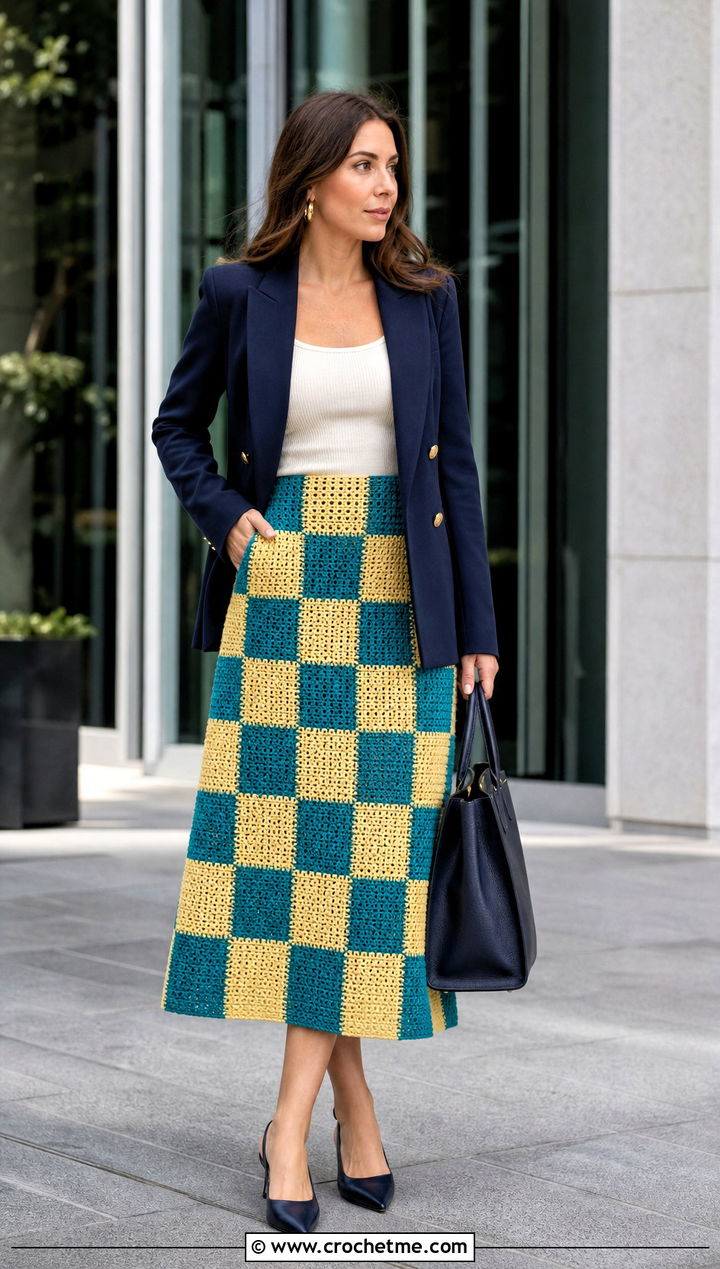 Checkerboard Crochet Patchwork A Line Skirt With Tailored Blazer - 30 crochet patchwork skirt outfit ideas