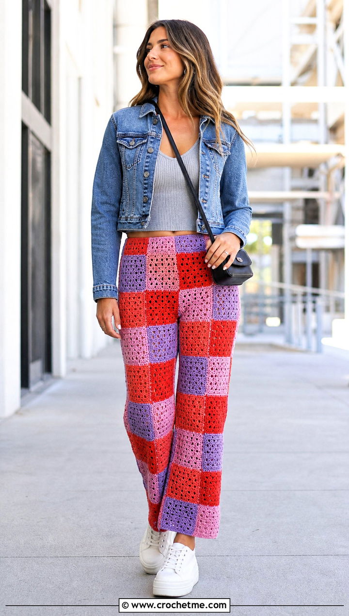 Checkerboard Crochet Patchwork Pants With Denim Jacket - 15 Crochet Patchwork Pants outfit ideas