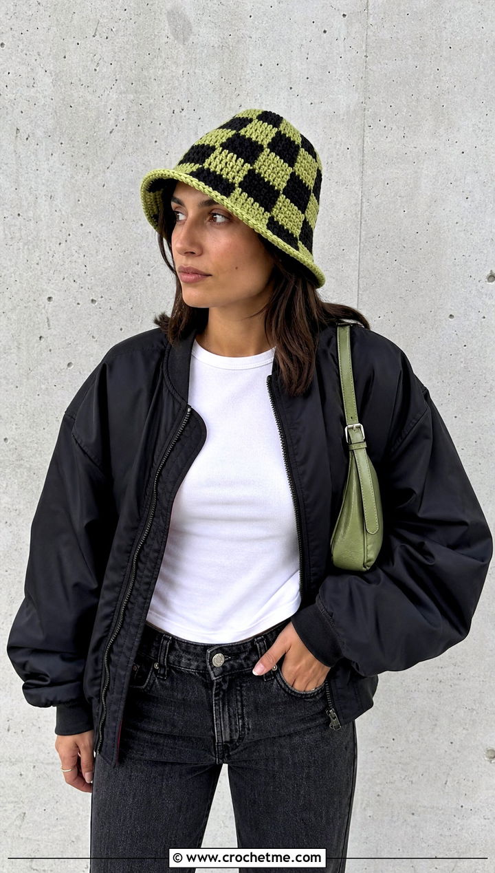 Checkerboard Crochet Pilgrim Hat With Bomber Jacket - 25 Crochet Pilgrim Hat outfit ideas