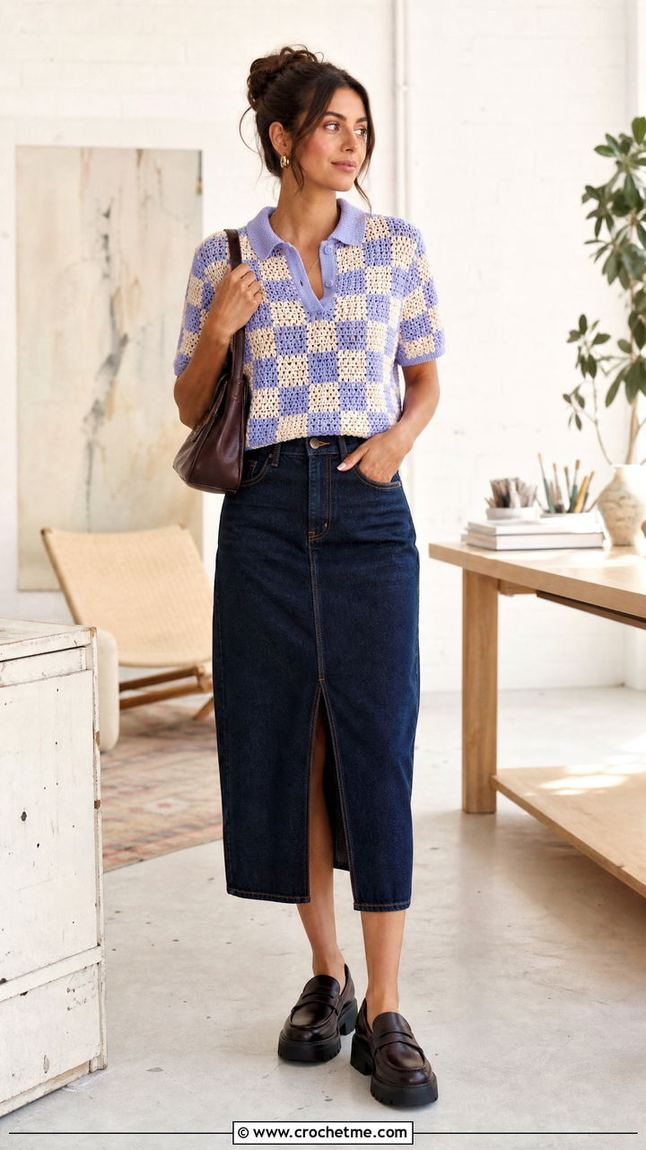 Checkerboard Crochet Polo Shirt With Denim Midi Skirt - 35 crochet polo shirt outfit ideas