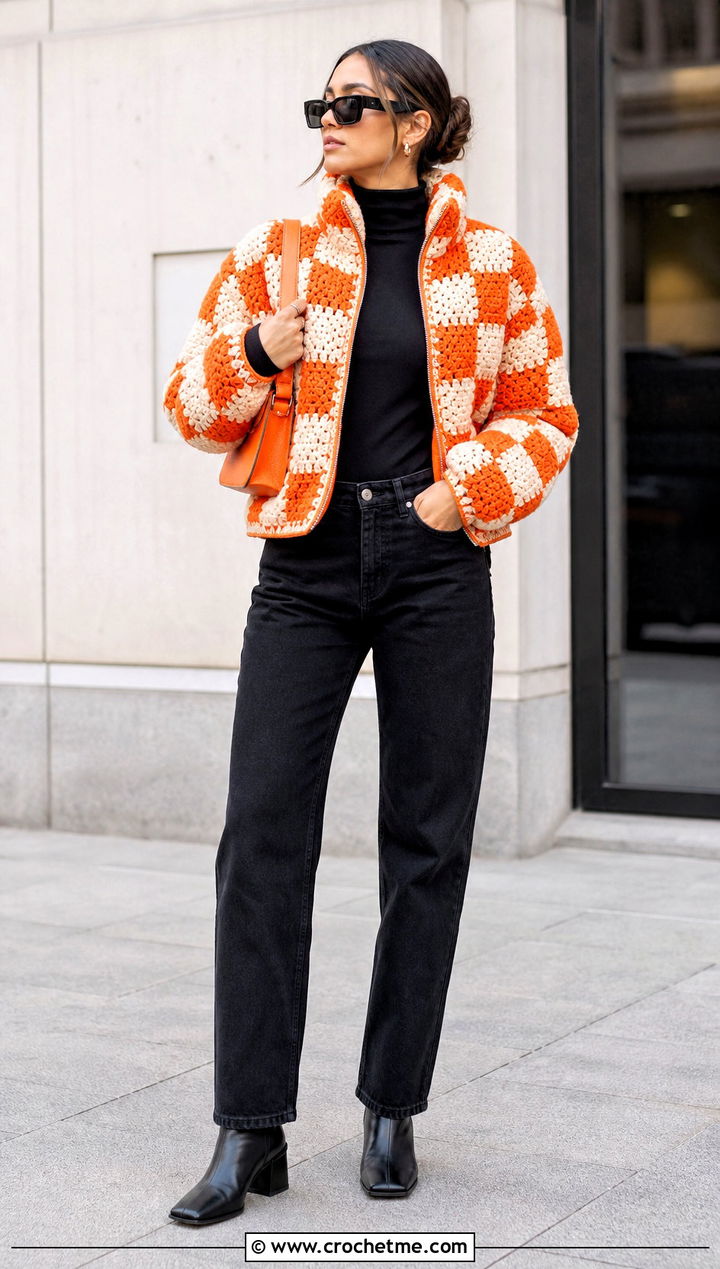 Checkerboard Crochet Puffer Jacket With Black Jeans - 35 crochet puffer jacket outfit ideas