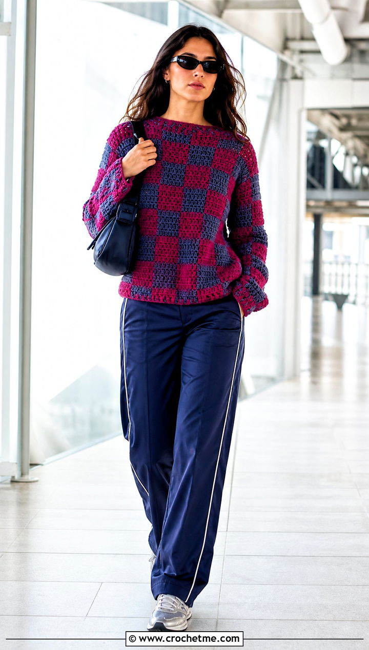 Checkerboard Crochet Pullover With Track Pants - 30 checkered crochet sweater outfit ideas