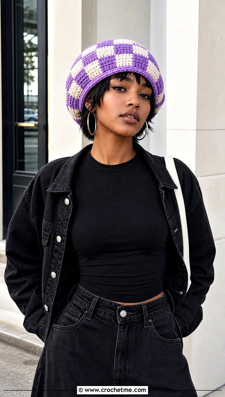 Checkerboard Crochet Rasta Tam Hat With Monochrome Outfit - 25 crochet rasta tam hat outfit ideas