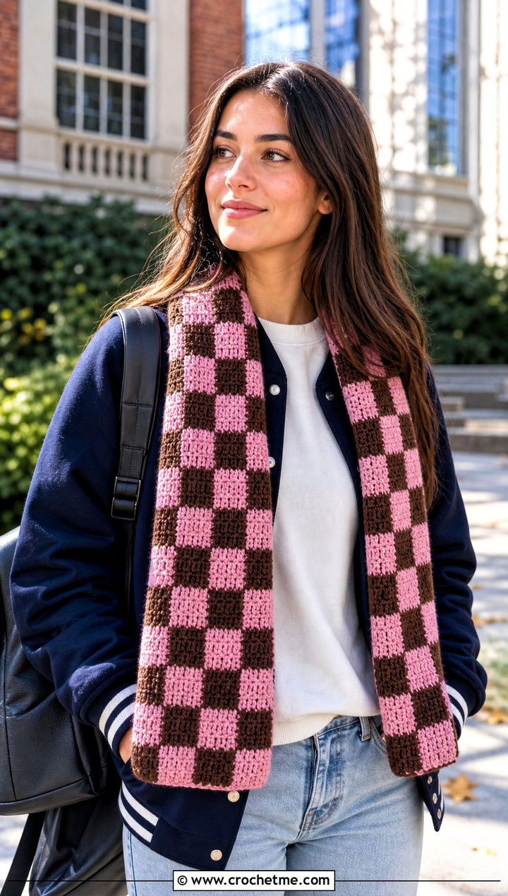 Checkerboard Crochet Roll Up Scarf With Varsity Jacket - 25 Crochet Roll Up Scarf outfit ideas