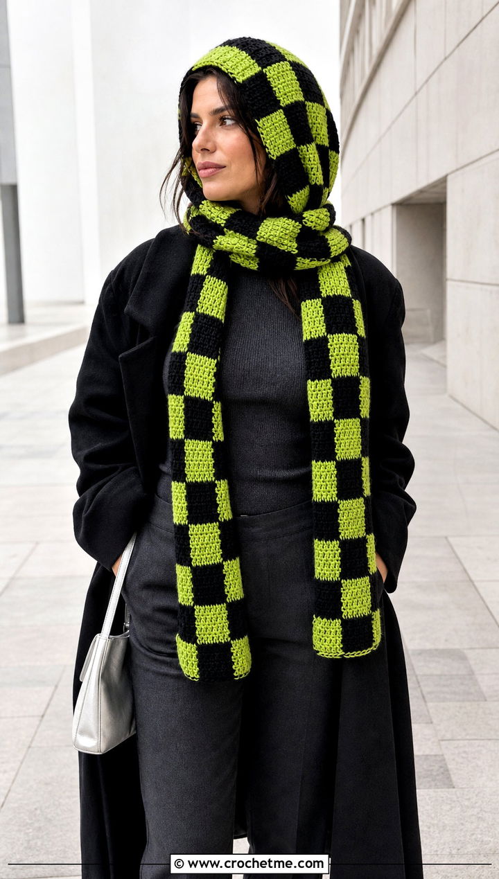 Checkerboard Crochet Scarf Hood With Monochrome Outfit - 30 crochet scarf hood outfit ideas