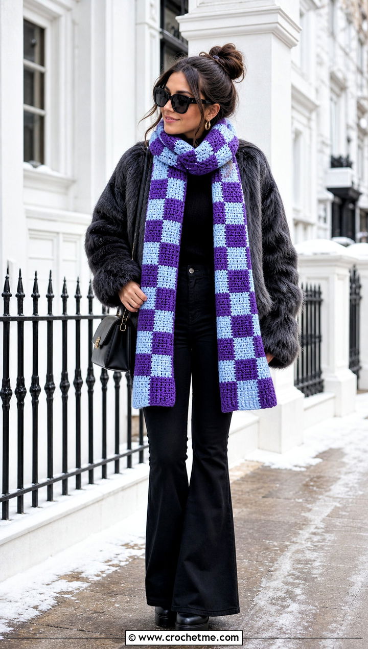 Checkerboard Crochet Scarf With Faux Fur Coat and Flared Pants - 35 Winter Crochet Scarf outfit ideas