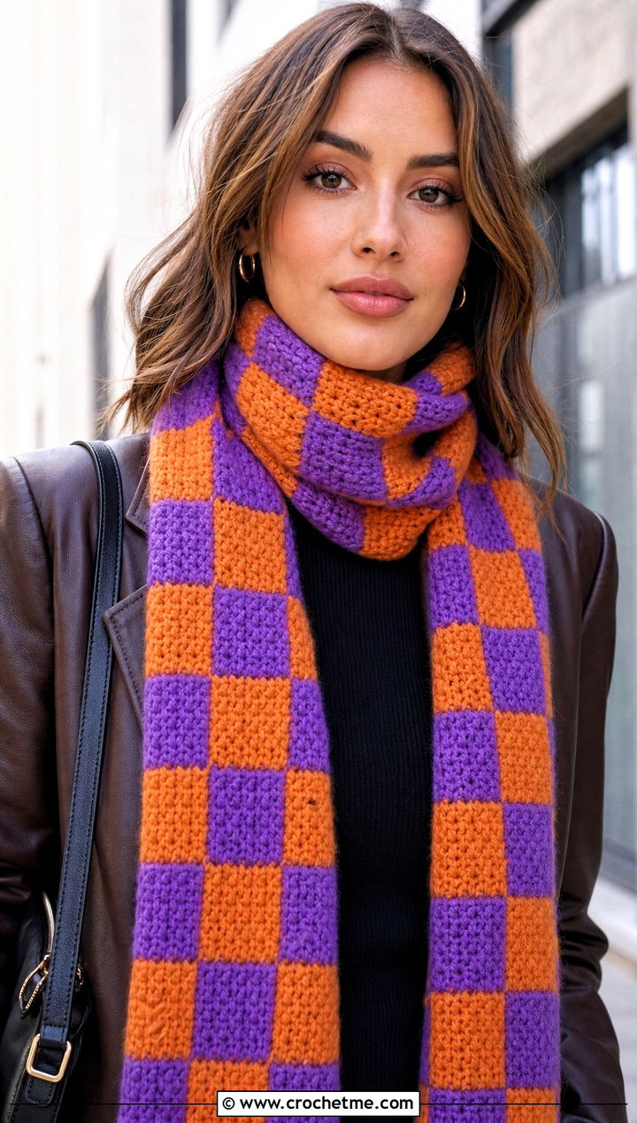 Checkerboard Crochet Scarf With Leather Blazer - 30 2 color crochet scarf outfit ideas