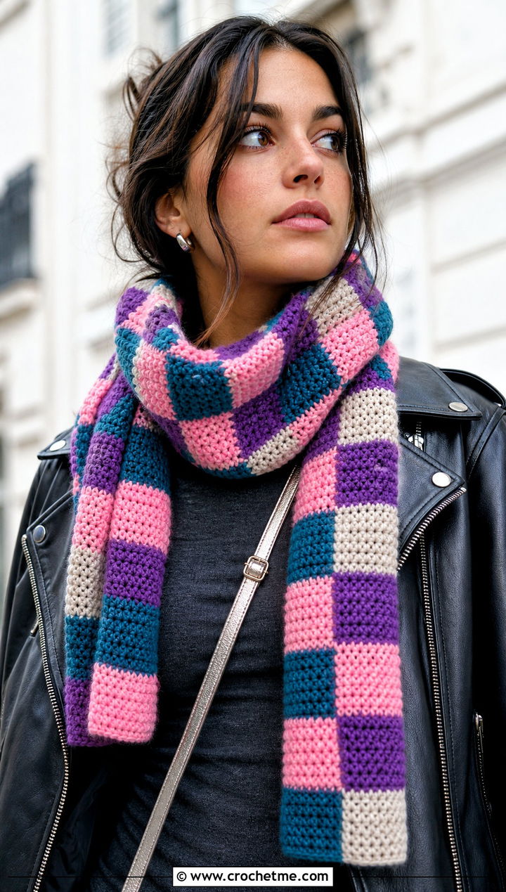 Checkerboard Crochet Scarf With Leather Jacket - 25 multi colored crochet scarf outfit ideas
