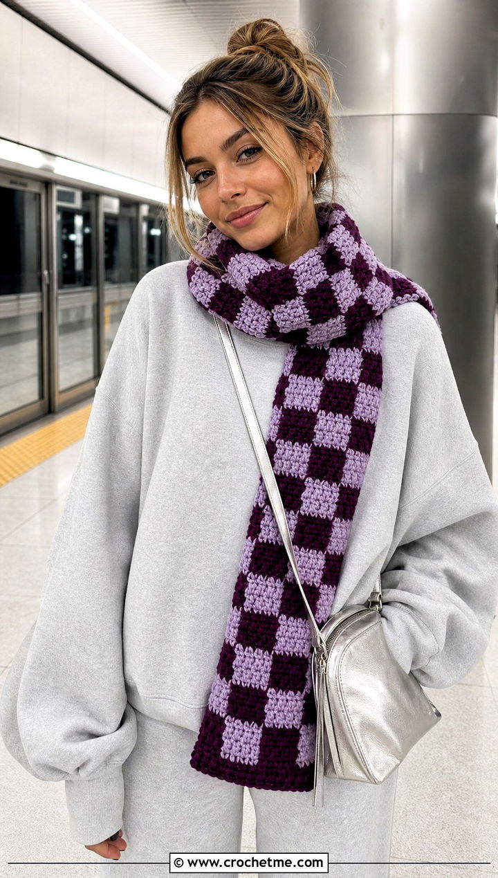 Checkerboard Crochet Scarf With Monochrome Sweatshirt - 15 Crochet Unisex Scarf outfit ideas