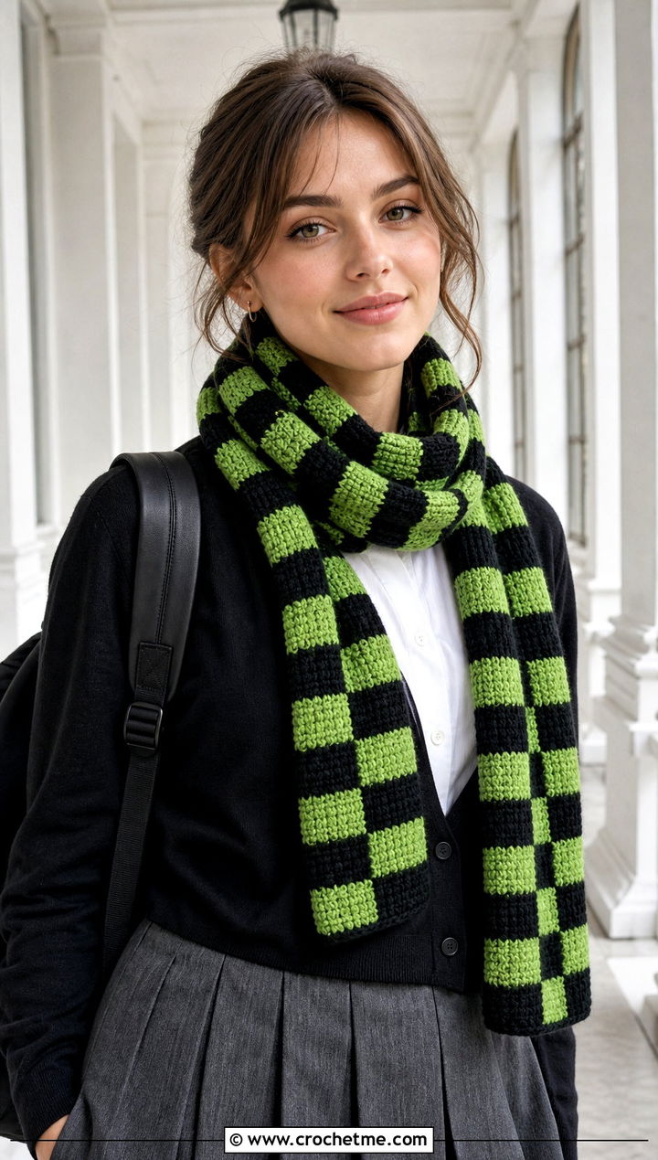 Checkerboard Crochet Scarf With Pleated Skirt - 25 Wednesday Crochet Scarf outfit ideas