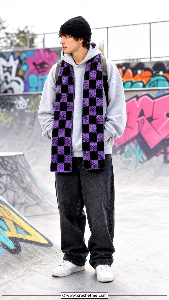 Checkerboard Crochet Scarf With Skate Outfit - 35 men's crochet scarf outfit ideas