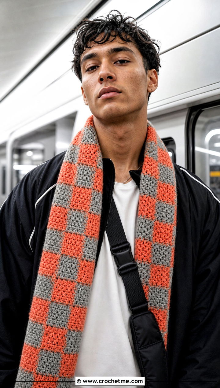 Checkerboard Crochet Scarf With Track Jacket - 20 men's crocheted scarf outfit ideas
