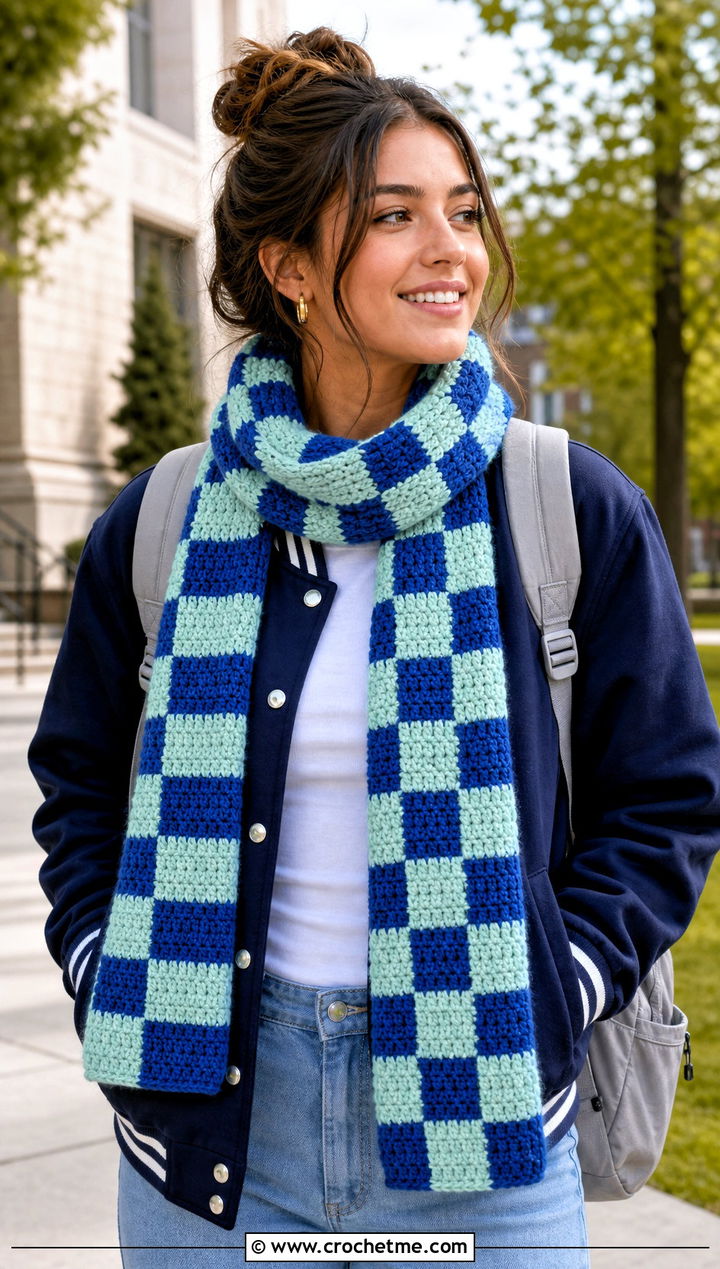Checkerboard Crochet Scarf With Varsity Jacket And Jeans - 35 fun crochet scarf outfit ideas