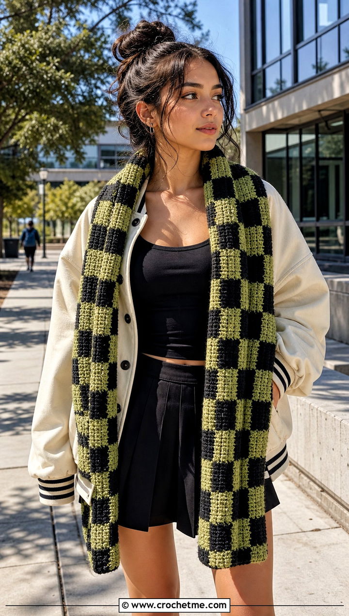 Checkerboard Crochet Scarf With Varsity Jacket - 25 crochet scarf design ideas