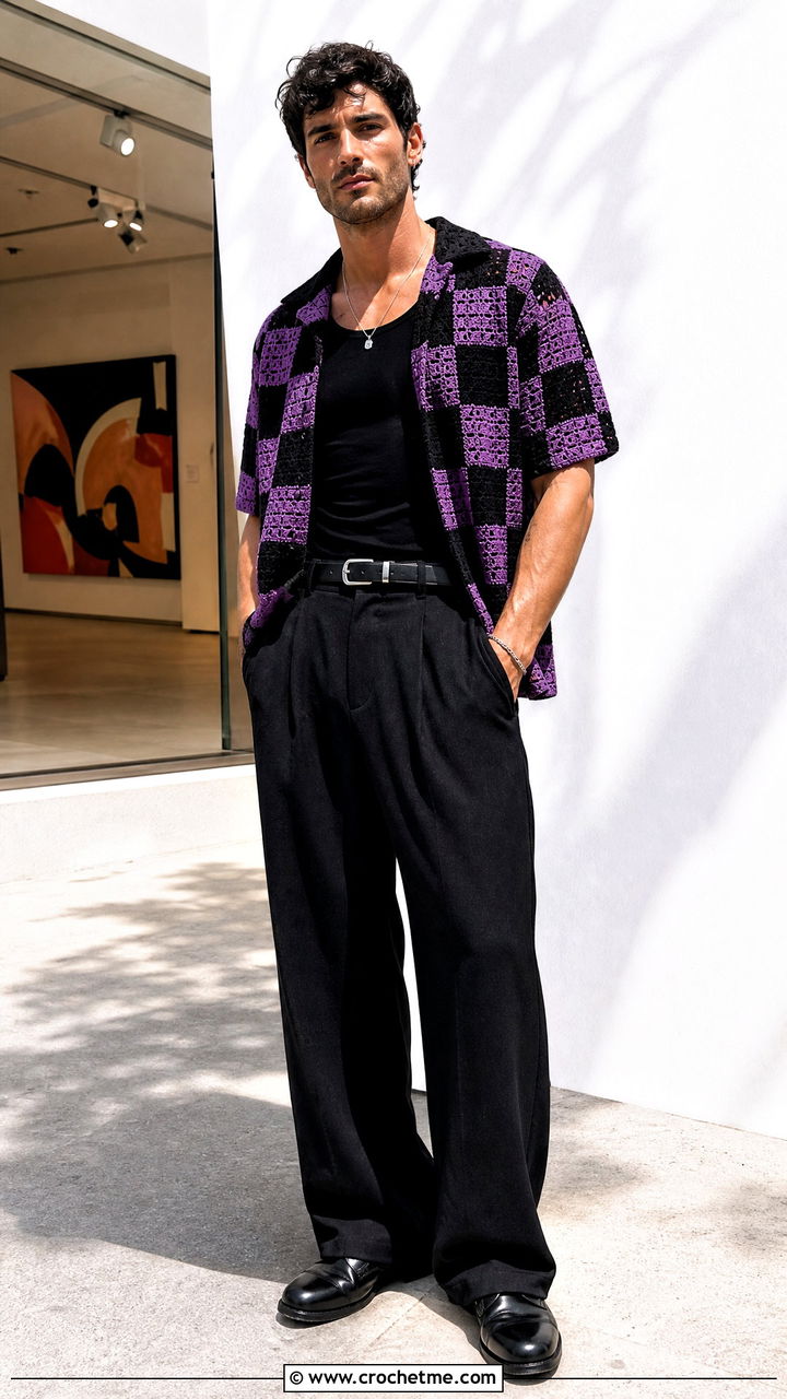 Checkerboard Crochet Shirt With Black Wide Leg Trousers - 35 crochet shirts for men outfit ideas