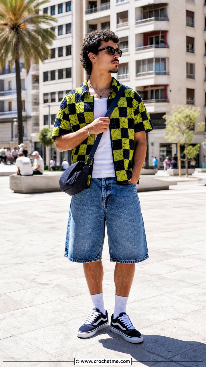 Checkerboard Crochet Shirt With Denim Shorts - 35 crochet male shirt outfit ideas