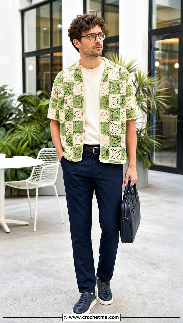 Checkerboard Crochet Shirt With Navy Trousers - 35 crochet man shirt outfit ideas
